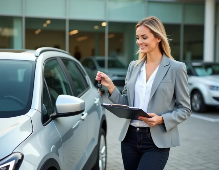 Femme souriante tenant des clés de voiture devant un concessionnaire automobile, prête à finaliser un achat