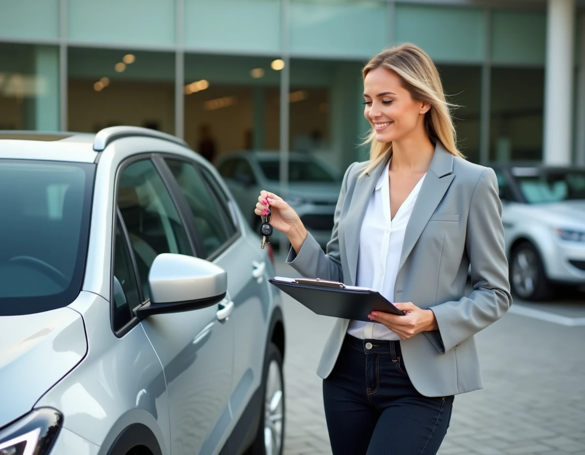 Femme souriante tenant des clés de voiture devant un concessionnaire automobile, prête à finaliser un achat