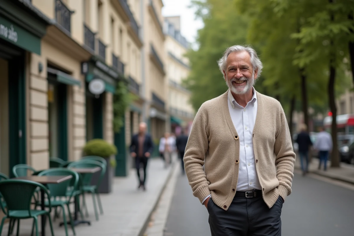 Acteur francais souriant dans une rue parisienne