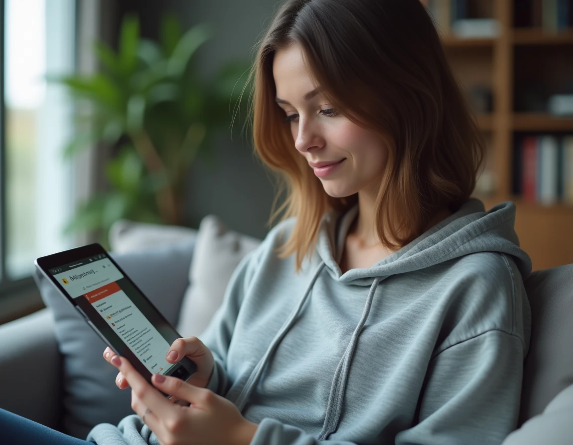 Femme consultant une adresse sécurisée de site de streaming sur tablette dans son salon moderne