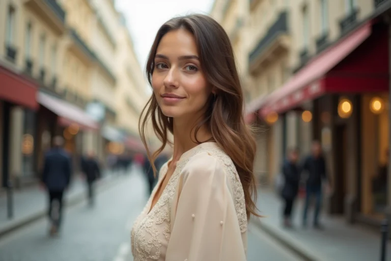 Portrait élégant de Betul Yilmazturk, élue plus belle femme de France, sur un boulevard parisien