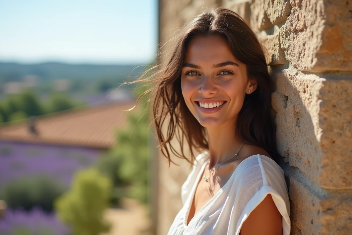 Betul Yilmazturk en portrait naturel dans un village provençal avec champs de lavande en arrière-plan