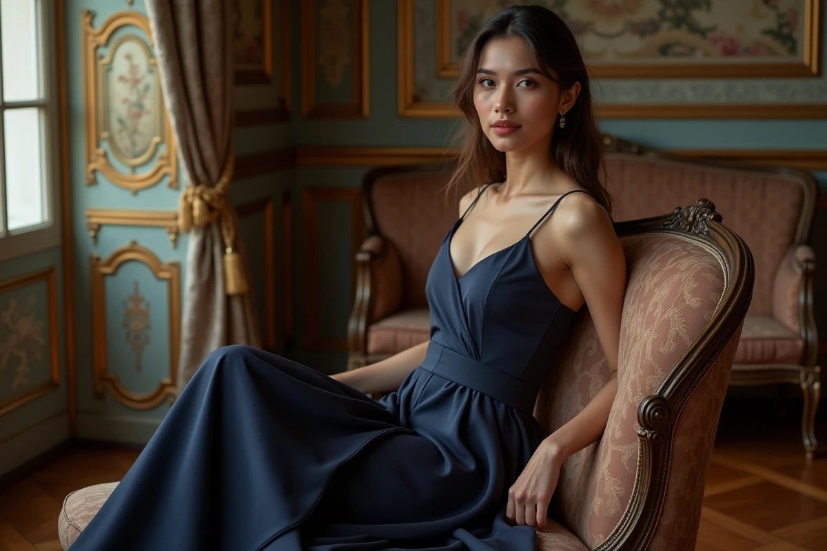 Betul Yilmazturk en robe de soirée élégante dans un intérieur château français, séance photo éditoriale