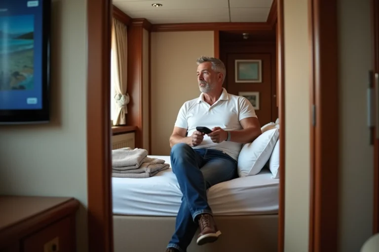 Homme d'âge moyen dans une cabine de croisière regardant la télévision