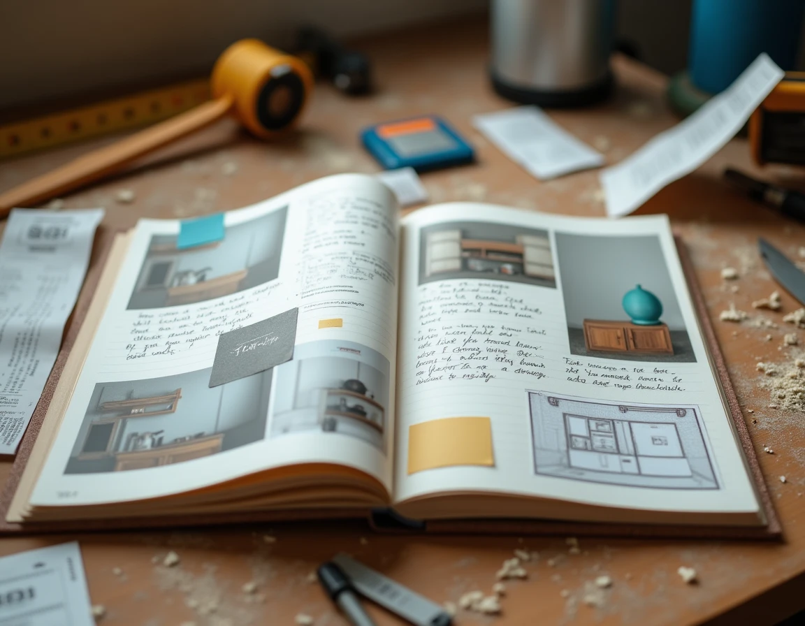 Une page de journal photo documentant un chantier domestique avec des photos de travaux, des croquis et des notes manuscrites