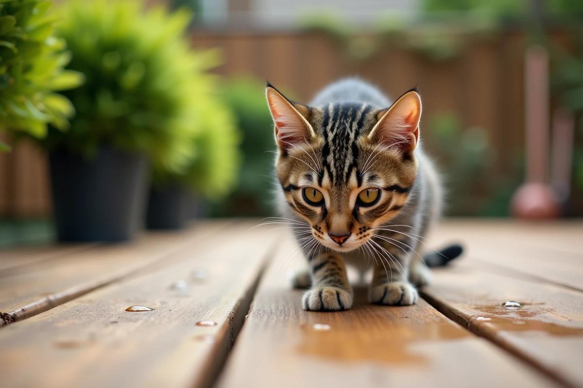 Chat tacheté reniflant sur une terrasse en bois