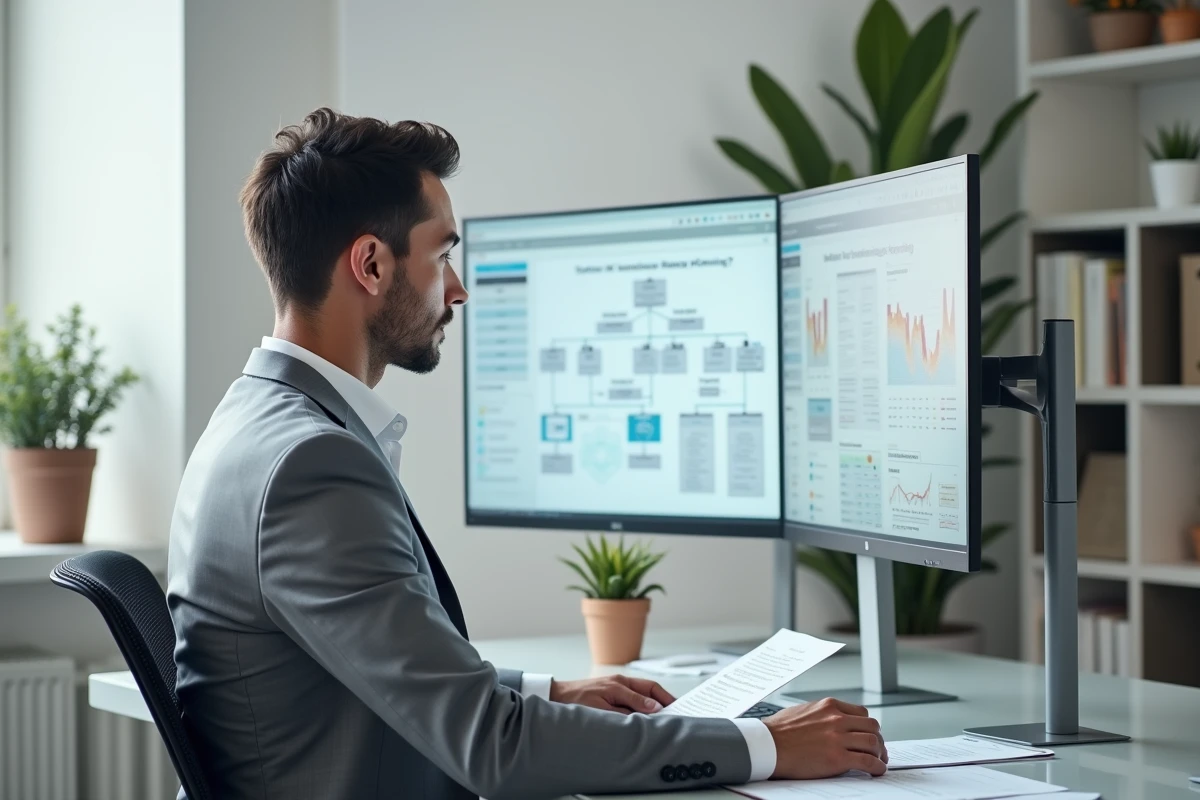 Consultant RH analysant un document de continuité des talents et de gestion des risques sur double écran dans un bureau épuré