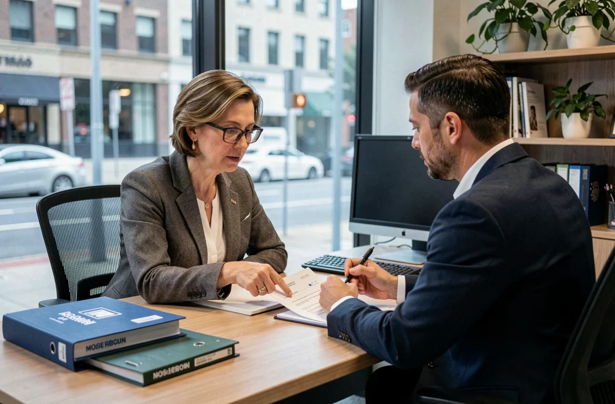 Une femme consulte un conseiller immobilier en agence pour préparer son projet d'achat immobilier et étudier un plan de financement