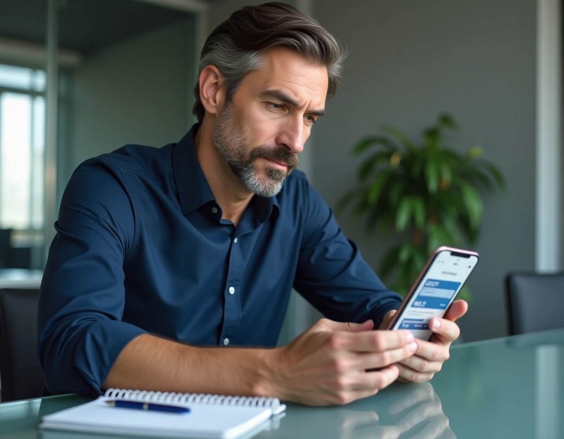 Homme consultant ses relevés de compte en ligne sur smartphone dans un environnement professionnel