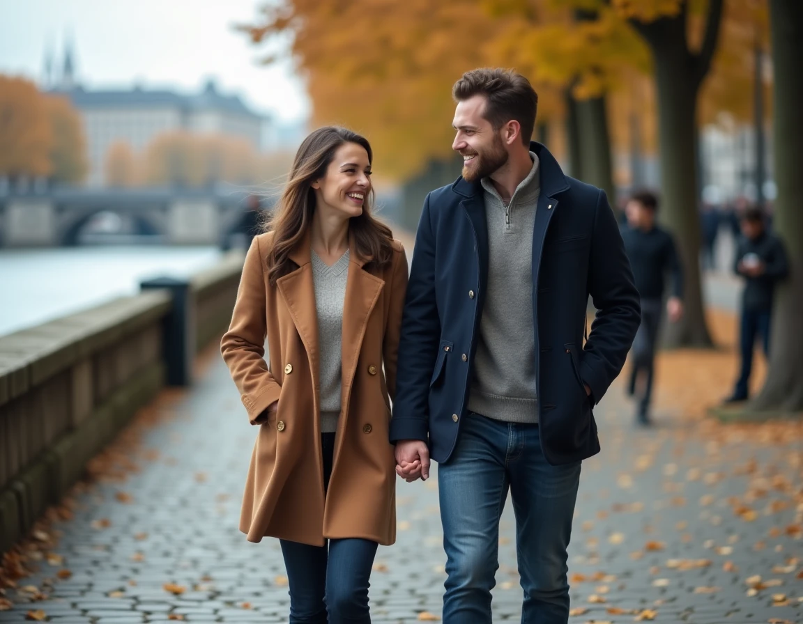 Couple amoureux se promenant main dans la main sur les quais en automne