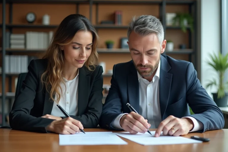 Couple professionnel examinant des documents de prêt immobilier