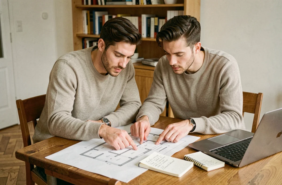 Un couple examine des plans immobiliers sur une table en bois dans un appartement moderne, symbolisant la préparation d'un projet immobilier