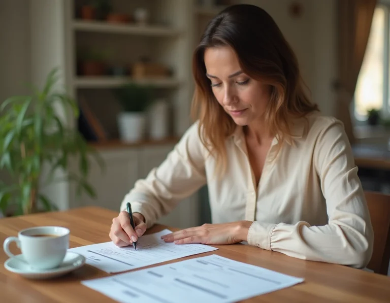 Femme remplissant un formulaire de déclaration d'hébergement gratuit à son domicile