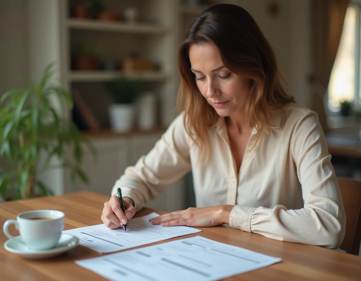 Femme remplissant un formulaire de déclaration d'hébergement gratuit à son domicile