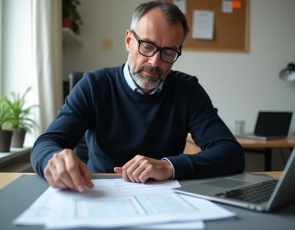 Homme consultant des documents administratifs pour une déclaration d'hébergement à titre gratuit