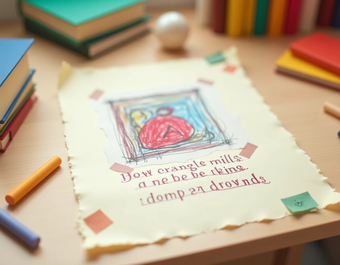 Une page entière du journal photo dédiée à un dessin de crayon d'enfant avec sa légende manuscrite dans ses propres mots