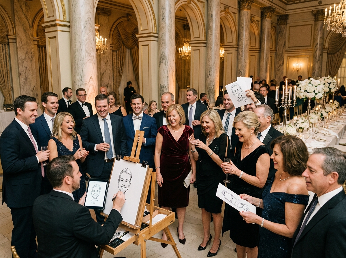 Groupe d’invités participant à une animation de caricatures en intérieur