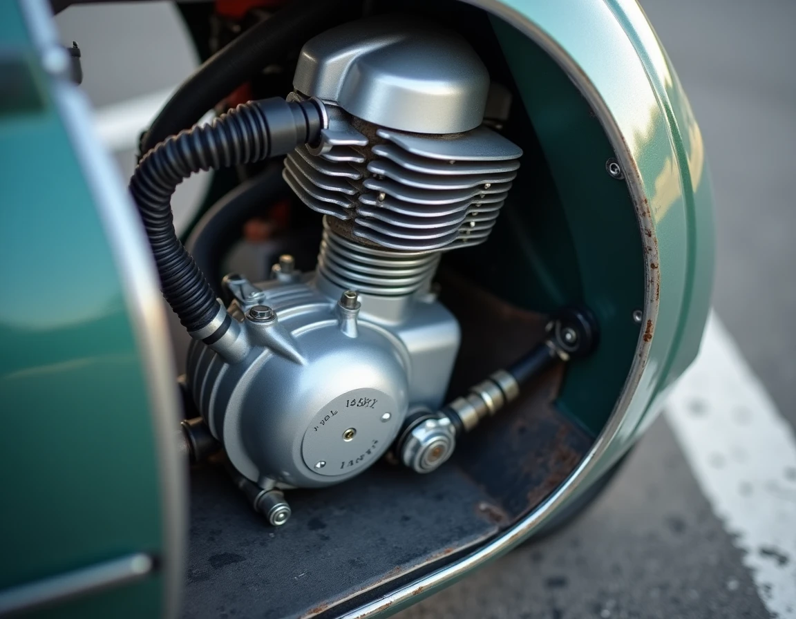 Détail du moteur d'un scooter 125cc avec le carter ouvert montrant les composants mécaniques clés pour l'entretien et la longévité