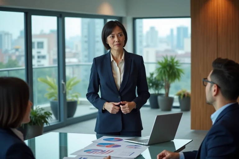 Directrice RH discutant d'une stratégie de gestion des talents avec des collègues dans un bureau moderne en verre