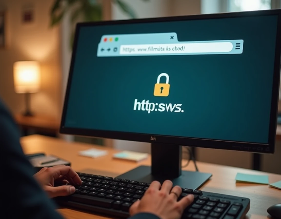 Écran d'ordinateur affichant une URL sécurisée HTTPS pour accéder à un site de films en 2026