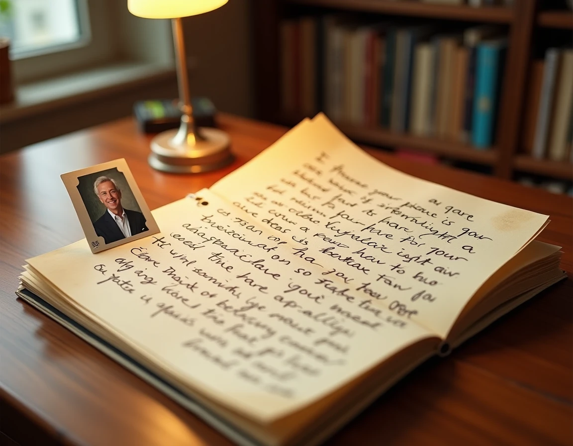 Une page d'édito manuscrite du journal photo rédigée par un membre de la famille avec sa photo portrait et sa signature
