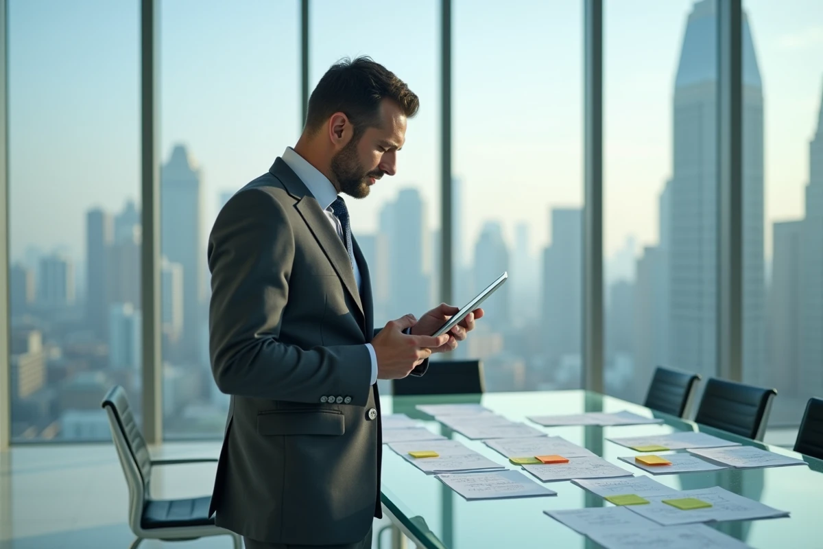 Entrepreneur en costume debout devant une table de réunion avec des plans d'affaires et une vue urbaine