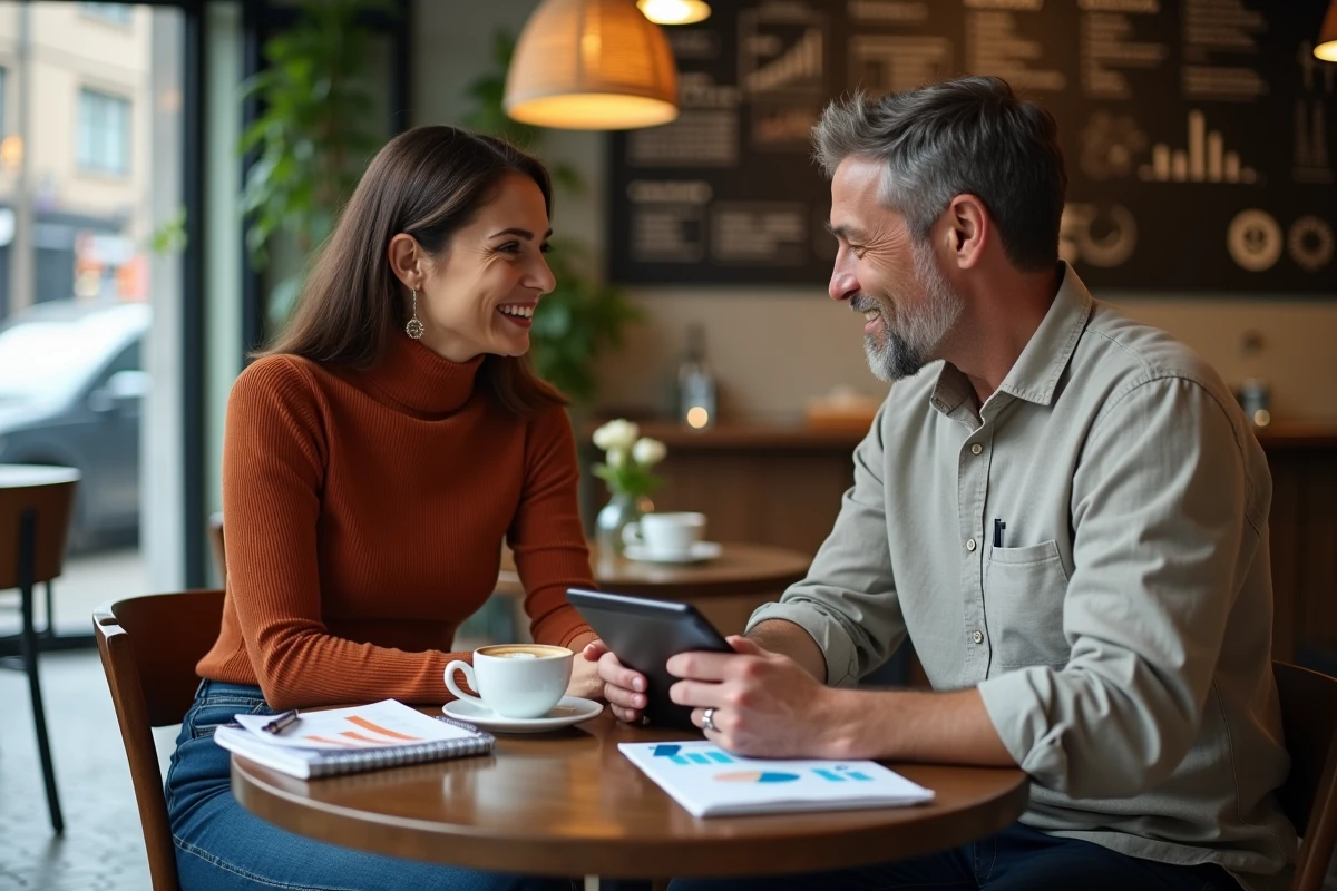 Deux entrepreneurs discutant de services sur-mesure autour d'une tablette dans un café urbain