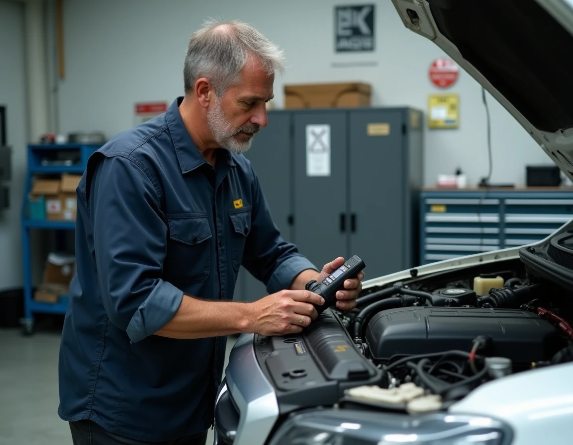 Mécanicien inspectant le moteur d'un SUV blanc dans un atelier automobile bien équipé