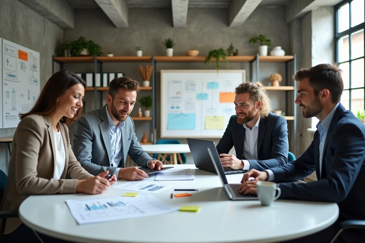 Équipe RH diversifiée collaborant sur un plan de reprise après sinistre autour d'une table dans un espace de coworking