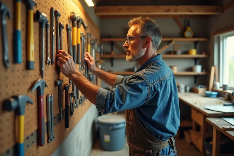Homme en atelier de bricolage sélectionnant des outils accrochés sur un panneau mural organisé