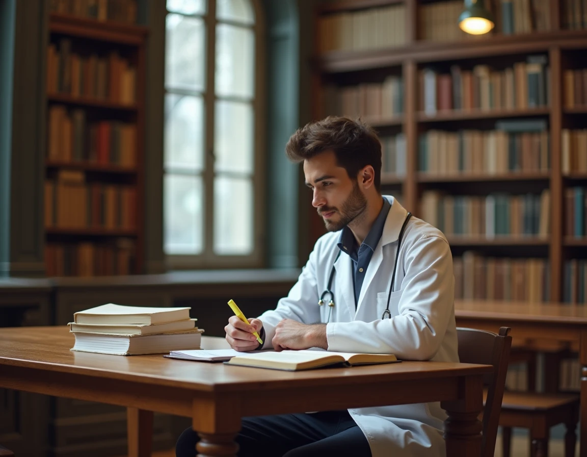 Étudiant en médecine révisant ses cours dans une bibliothèque universitaire française entouré de manuels de médecine générale