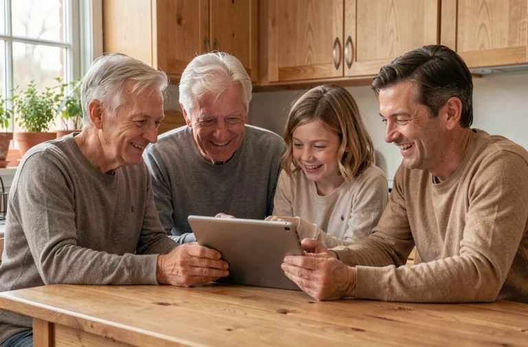 Famille multigénérationnelle naviguant ensemble sur une tablette dans une cuisine chaleureuse