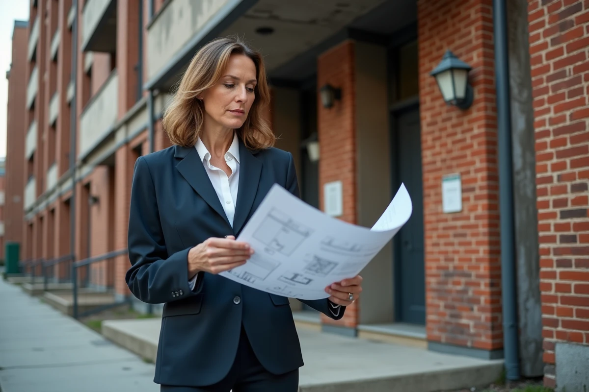 Femme inspectant plans devant immeuble urbain