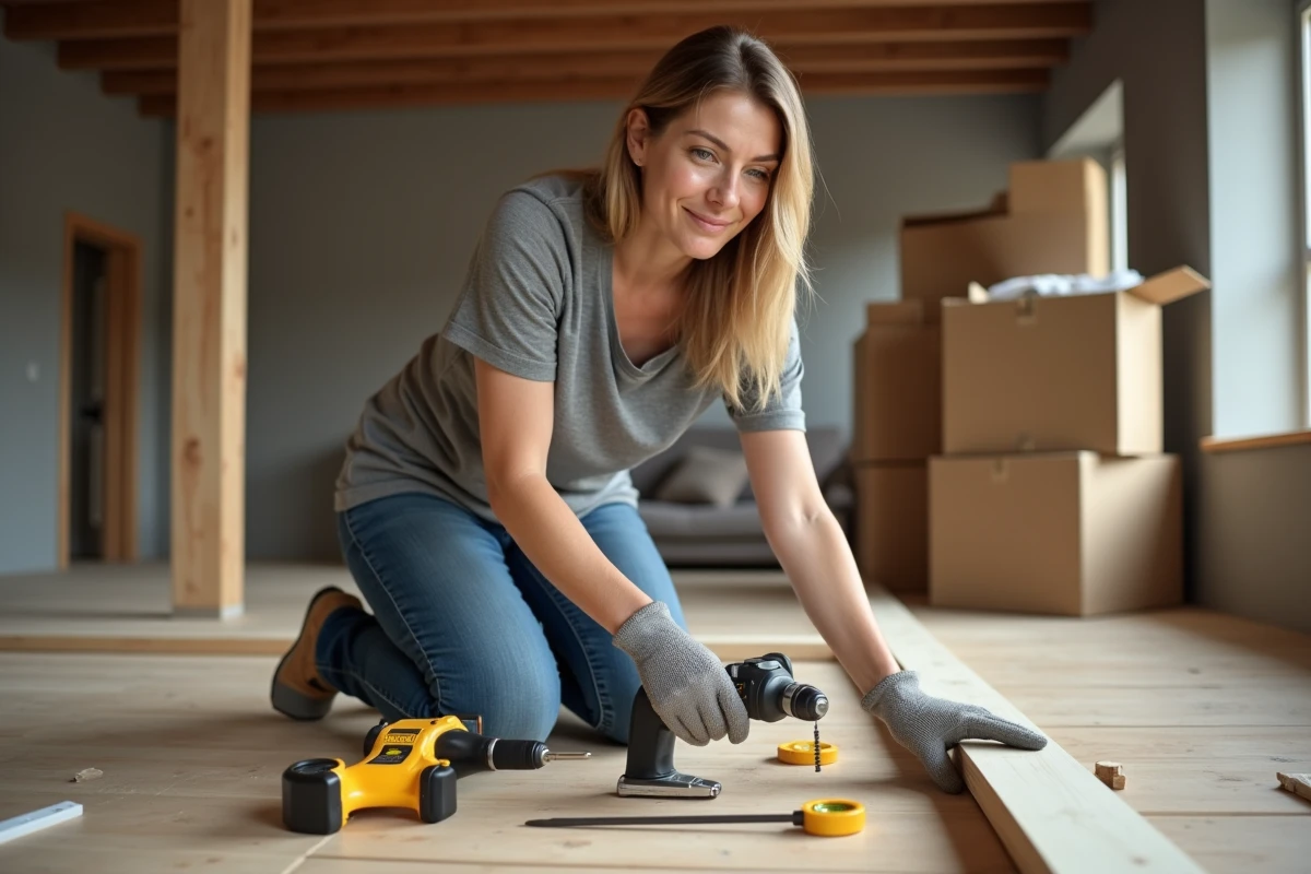 Femme utilisant une perceuse sans fil et des outils de bricolage pour assembler des meubles dans une pièce en rénovation