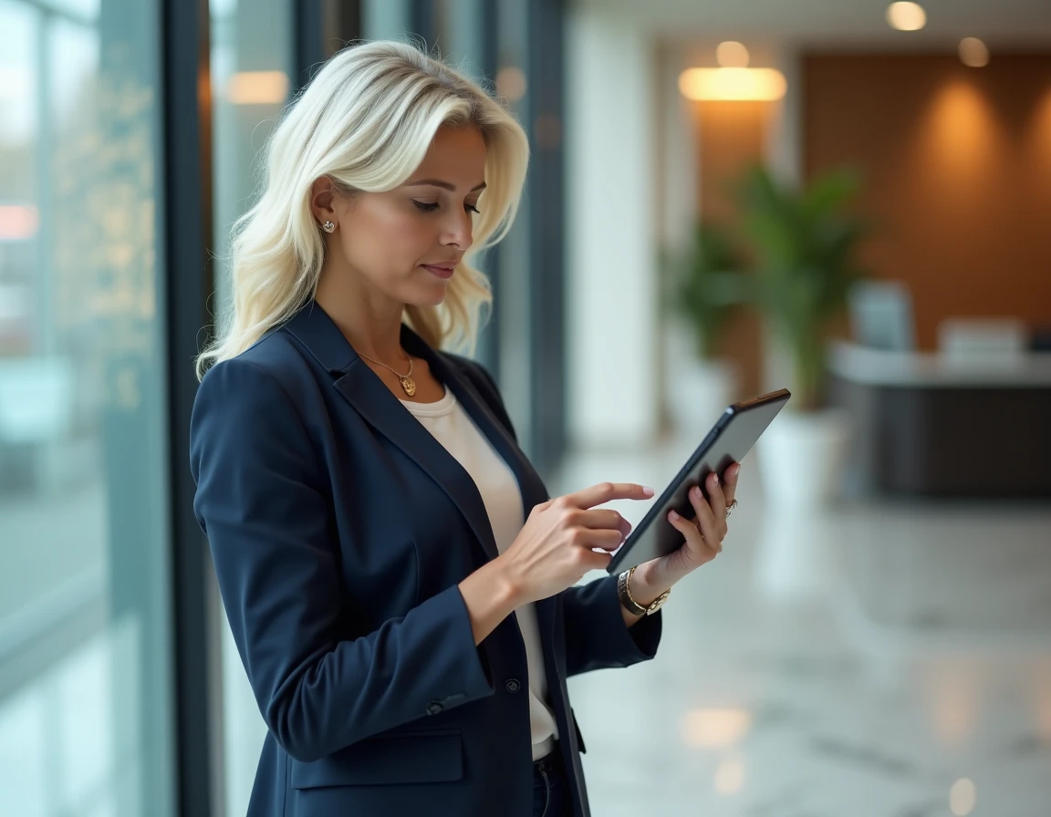 Femme cadre consultant une plateforme d'emploi professionnelle sur tablette dans le hall d'un immeuble de bureaux