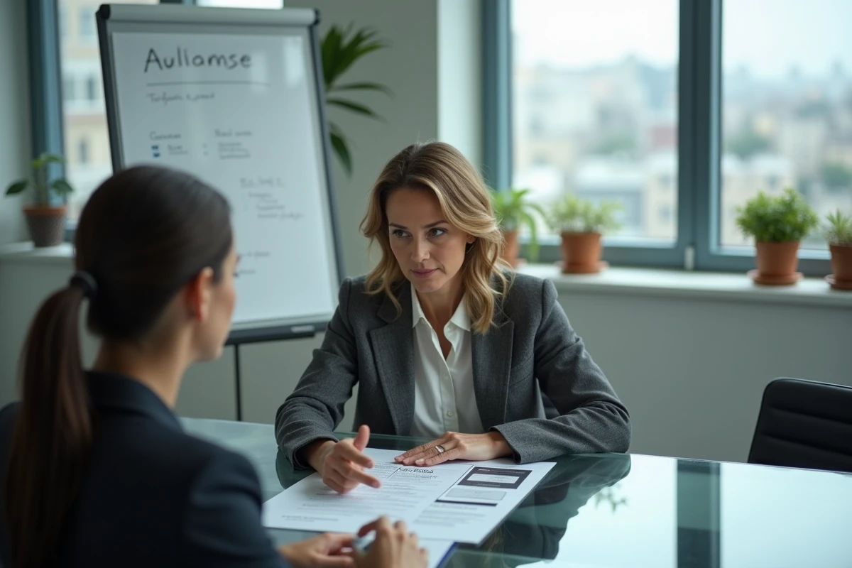 Femme cadre présentant ses compétences informatiques sur son CV lors d'une réunion professionnelle