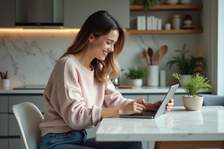 Jeune femme souriante avec tablette dans cuisine moderne