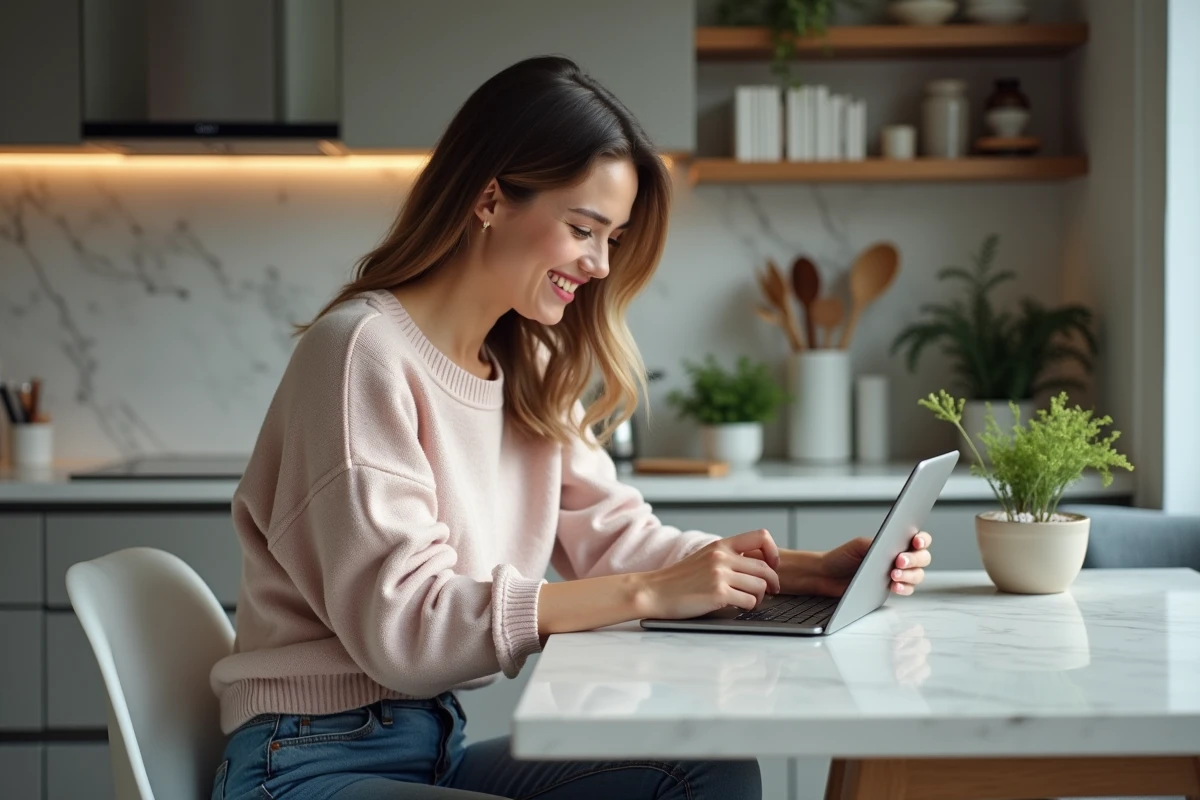 Jeune femme souriante avec tablette dans cuisine moderne