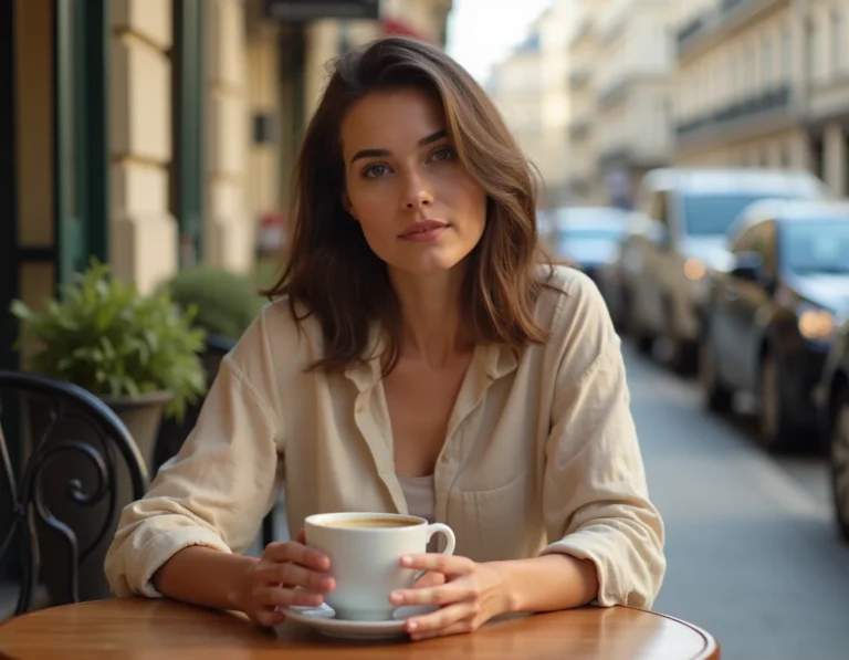 Jeune femme célibataire pensive attablée seule à une terrasse de café parisien en 2026