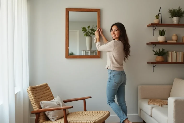 Femme souriante accrochant un miroir dans le salon