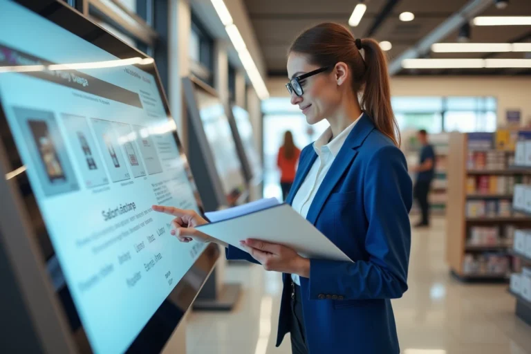 Femme utilisant un kiosque d'impression dans un supermarche