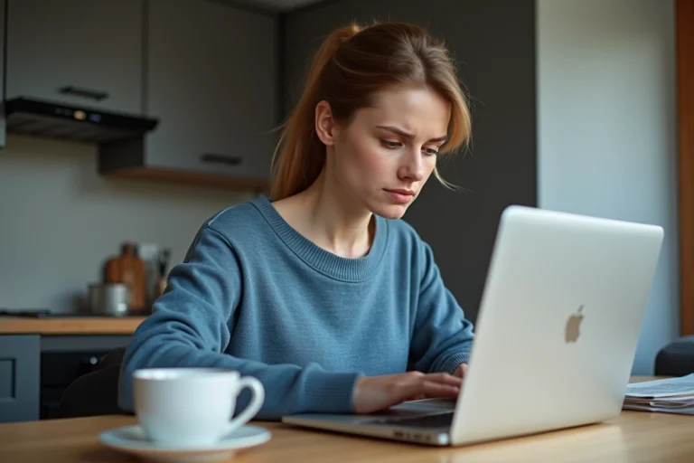 Femme concentrée sur son ordinateur portable à la maison