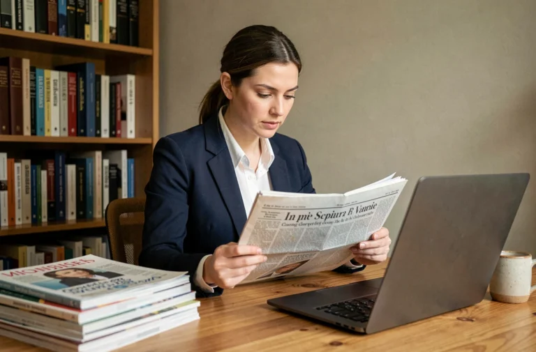 Femme lisant l'actualité dans un bureau à domicile entouré de magazines et d'un ordinateur portable