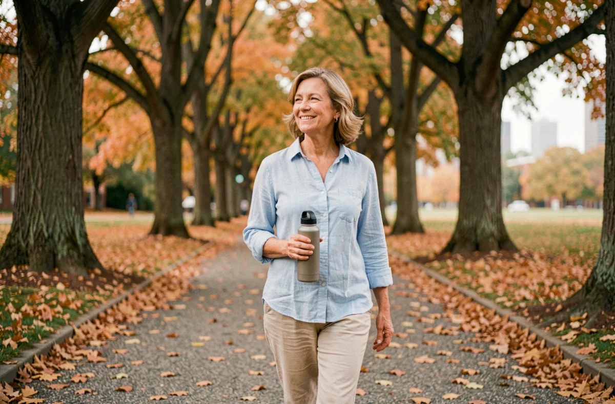 Femme d'âge mûr marchant dans un parc en automne avec une bouteille d'eau pour prendre soin de sa santé physique