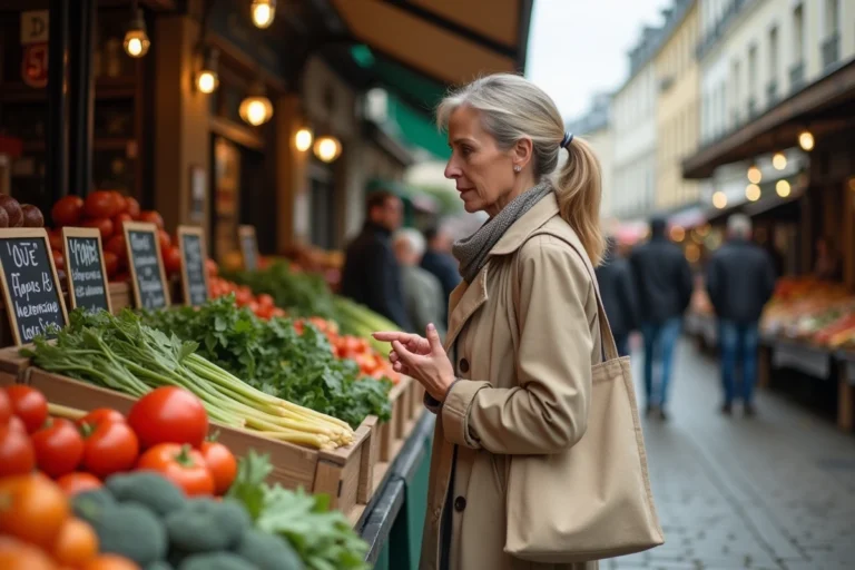 Une femme vérifie les prix des légumes au marché en période d'inflation en France 2025