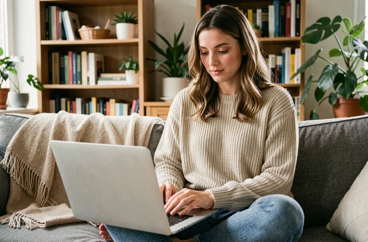 Jeune femme consultant un site web sur son ordinateur portable dans un salon confortable