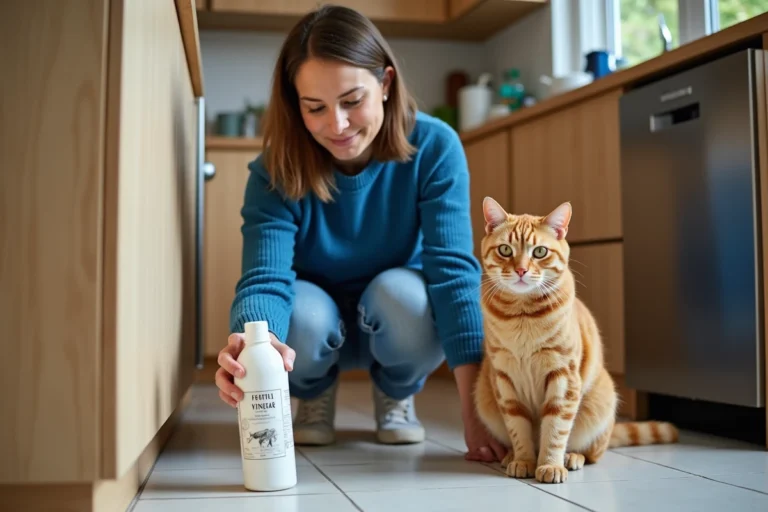 Femme en cuisine nettoyant avec vinaigre blanc