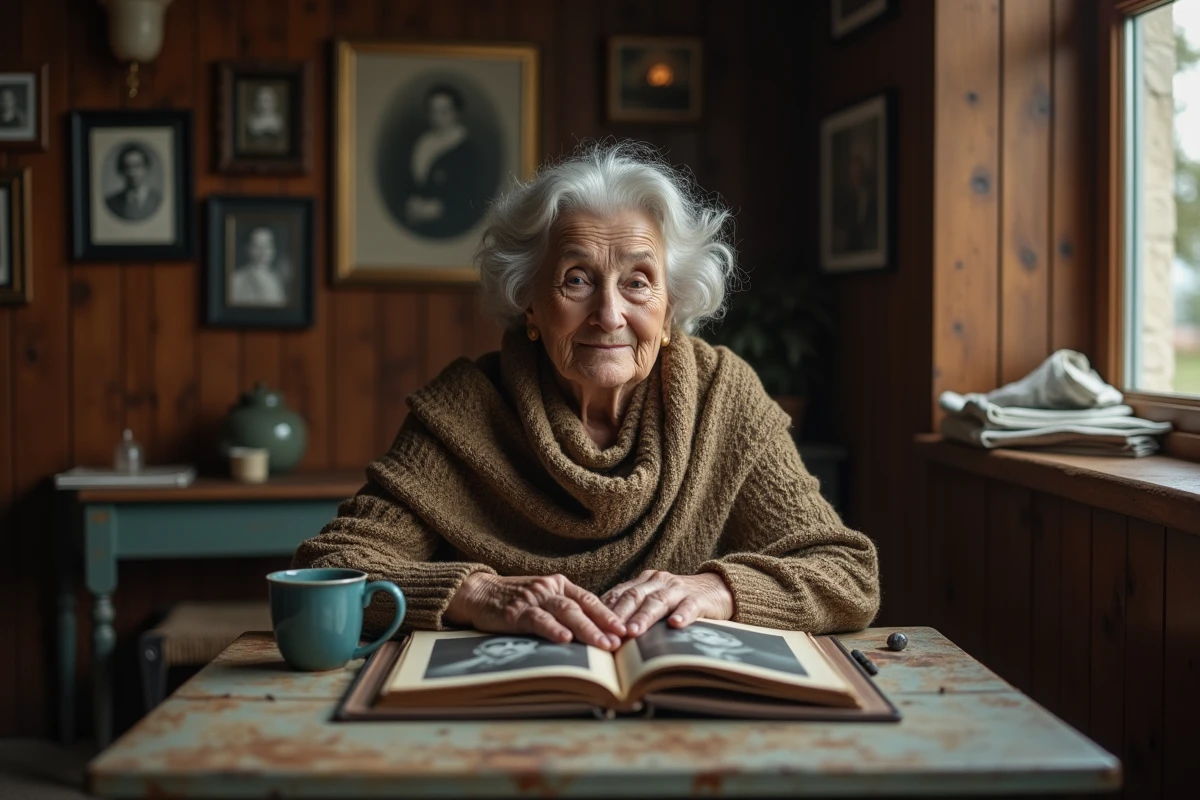 Femme âgée dans une ambiance chaleureuse intérieure