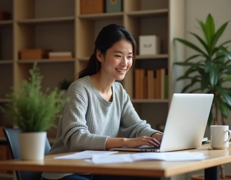 Femme en télétravail cherchant un emploi en ligne sur son ordinateur portable dans un bureau à domicile bien organisé
