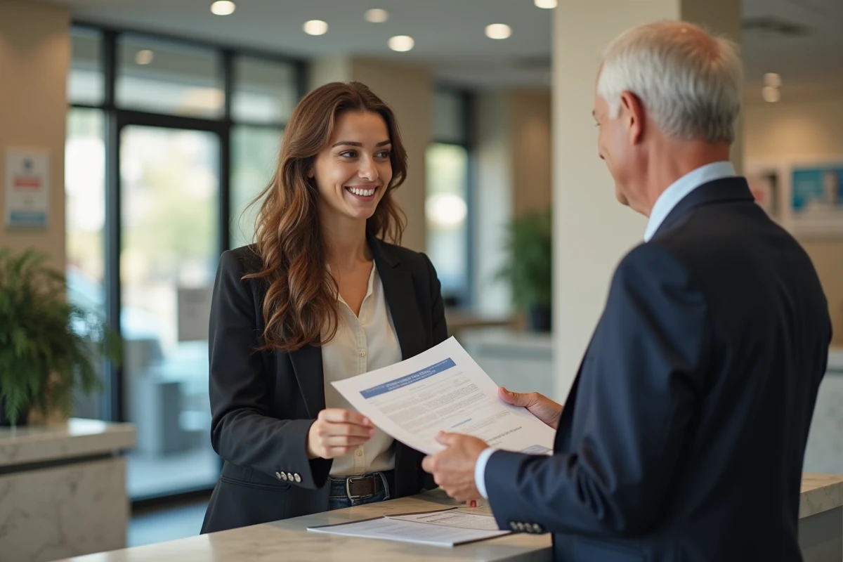 Jeune femme souriante remettant des papiers à un conseiller bancaire